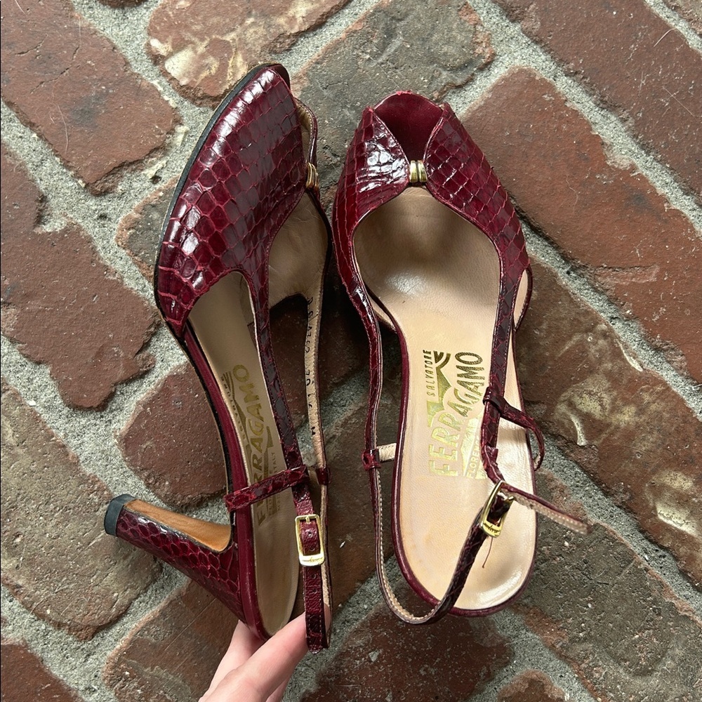 Rare Vintage Salvatore Ferragamo Snakeskin Slingback Peep Toe Heels - Picture 9 of 9